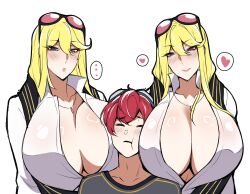 ... 1boy 2girls alphamon alternate_breast_size bandai_namco big_breasts blonde-haired_female blonde_hair blush breasts cero_rains clone closed_eyes digimon digimon_story digimon_story:_cyber_sleuth double_breast_smother female head_between_breasts heart height_difference hi_res huge_breasts inner_sideboob kyouko_kuremi long_hair looking_at_viewer male multiple_females multiple_girls red-haired_male red_hair smiling smiling_at_viewer spoken_heart sunglasses sunglasses_on_head takumi_aiba white_background