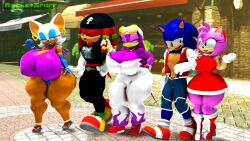 2boys 3d 3d_(artwork) 3girls amy_rose anthro anthro_female anthro_male anthro_only bat bat_humanoid big_breasts black_nose black_pants black_shirt blue_eyes blue_fur blue_pants curvy_body curvy_female curvy_figure echidna echidna_humanoid green_eyes hedgehog hedgehog_boy hedgehog_ears hedgehog_girl hedgehog_humanoid knuckles_the_echidna mobian mobian_(species) mobian_bat mobian_echidna mobian_hedgehog mobian_swallow mouth_opened open_mouth opened_mouth outdoors outside pink_fur purple_eyes purple_fur red_clothing red_dress red_fur red_jacket revealing_clothes rocketspuff rouge_the_bat sonic_(series) sonic_adventure_2 sonic_riders sonic_the_hedgehog sonic_the_hedgehog_(series) swallow_(bird) wave_the_swallow white_fur