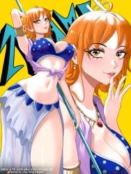 alabasta armlet armpits belly_dancer belly_dancer_outfit cleavage dancer dancer_outfit harem_girl harem_outfit large_breasts nami_(one_piece) necklace one_piece opalisart orange_eyes orange_hair short_hair skirt staff