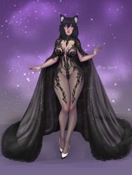 big_breasts black_bodysuit black_cape black_clothing black_hair black_legwear bodysuit cape cat_ears cat_tail catgirl goth goth_girl high_heels lace long_hair looking_at_viewer neko nselever purple_eyes purple_eyeshadow streamer thatspookynekogirl thick_thighs twitch vampire vampire_girl virtual_youtuber vtuber vtuberfanart