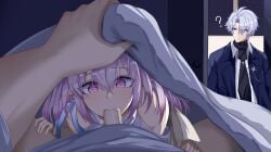 2boys ? absurdres ahoge black_sweater blue_coat blue_eyes castorice_(honkai:_star_rail) castorice_(luckin_coffee)_(honkai:_star_rail) coat commentary_request fellatio female highres honkai:_star_rail honkai_(series) indoors multiple_boys official_alternate_costume oral phainon_(honkai:_star_rail) phainon_(luckin_coffee)_(honkai:_star_rail) pointy_ears purple_eyes purple_hair s956448903 short_hair straight sweater turtleneck turtleneck_sweater under_covers white_hair white_sweater