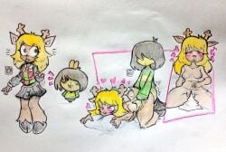 after_sex all_fours anthro aqua_shark bite blonde_hair bodily_fluids bottomwear bottomwear_down breasts clothed clothing covered_eyes cum cum_in_vagina cum_inside deer deltarune doggy_style duo eyeless female from_behind_position genital_fluids genitals hair head_on_pillow heart_symbol hip_grab hooves hug hugging_object hugging_pillow human imminent_sex kris_(deltarune) leaking_cum male male/female mammal nervous noelle_holiday nude nude_female one_eye_obstructed pants pants_down partially_clothed pillow pillow_bite presenting presenting_cum_inside presenting_vulva sex short_tail skirt sweater tail topwear undertale_(series) until_they_like_it vulva