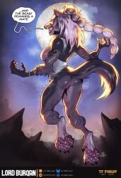 after_transformation anthro baldur's_gate baldur's_gate_3 black_body black_fur black_hair bodily_fluids braided_hair braided_ponytail canid canine clothing comic dialogue dripping_pussy female fur genital_fluids grey_body grey_fur hair half_naked hi_res larian_studios light looking_at_viewer looking_over_shoulders lordburqan mammal moon moonlight multicolored_body multicolored_fur mythological_canine mythological_creature mythology outside pawpads ponytail precum shadowheart_(baldur's_gate) solo speech_bubble tail torn_clothing transformation transformation_sequence werecanid werecanine werecreature werewolf white_body white_fur white_hair