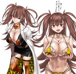 absurdres areola_slip bikini black_skirt blue_notuki blush breasts brown_hair cleavage coat dr._arach female gold_bikini grabbing_own_breast highres large_breasts long_hair looking_at_viewer multiple_views navel open_mouth orange_eyes orange_thighhighs skirt smile spider_web_print swimsuit thighhighs tsukihime tsukihime_(remake) white_background white_coat