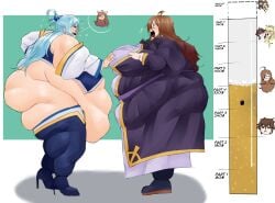 2girls aqua_(konosuba) bbw beer beer_bottle blue_hair brown_hair fat fat_female fat_fetish female female_only goddess groping kono_subarashii_sekai_ni_shukufuku_wo! morbidly_obese multiple_girls obese obese_female pivk00 side_view upset weight_gain weight_gain_drive weight_gain_sequence wiz_(konosuba)