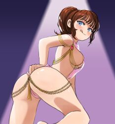 ass atsuko_fukune azelweien belly_dancer belly_dancer_outfit blue_eyes blush brown_hair bubble_butt gold_jewelry harem_girl harem_outfit licking_lips long_hair medium_breasts mugen_shinshi ponytail