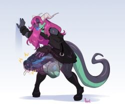 1boy 2025 accidental_erection balls clothed clothing commission cum_on_body cum_on_penis dragon erection erection_under_clothes femboy fishnets full_body fully_clothed green_body horns huge_balls huge_cock humanoid_penis hung_bottom hung_femboy hung_trap ike_(ikeywike) knees_together_feet_apart male male_only nedoiko nude original_character penis pent_up public public_erection purple_body red_hair scalie solo standing teal_body thick_thighs tongue tongue_out two_tone_body unwanted_erection wardrobe_malfunction wide_hips