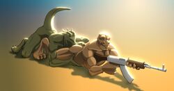 2boys anal anthro ass brelo_(artist) dragon gay gun licking male male_only muscles nude oral pose rimming tongue weapon