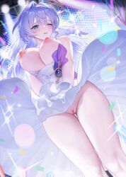 1girls big_breasts blush blushing_female breasts_out exposed_pussy female female_focus female_only green_eyes honkai:_star_rail hoyoverse legs legs_together light_skin looking_at_viewer nipples no_panties one_eye_closed pussy robin_(honkai:_star_rail) solo solo_female solo_focus tagme tagme_(artist) thick_thighs white_dress wings wings_on_head