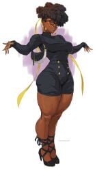 1girls arms_up black_hair brown_eyes dark-skinned_female dark_skin earrings glasses heels high_heels hoop_earrings kasai_x3 lejeanx3 long_eyelashes megane original original_character purse solo solo_female thick thick_lips thick_thighs thighs