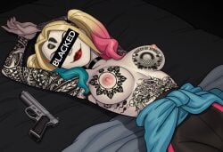 1girls absurd_res absurdres ai_assisted ai_generated batman_(series) blue_hair censor_bar covered_eyes female gun handgun harley_quinn high_resolution highres hoodie_around_waist large_breasts pink_hair pistol ponytail qos qos_tattoo queen_of_spades queen_of_spades_symbol queen_of_spades_tattoo raleu10 slim_waist solo solo_female solo_focus tattoo tattoo_on_arm tattoo_on_breast tattoo_on_butt tattoo_on_chest tattoo_on_face tattoo_on_legs tattoo_on_thigh tattooed_arm tattoos topless two_tone_hair white_skin yoga_pants