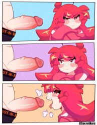 2d 2d_(artwork) 2d_artwork about_to_do_blowjob anticipation big_dick big_penis considering curvy cute cute_girl digital_art digital_media_(artwork) female happy lee_(secretnarcissist) looking_away looking_away_from_partner pout pouting red_hair secretnarcissist small_breasts small_tits