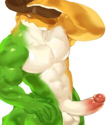 1boy abs bara bare_pectorals biceps completely_nude cowboy_hat crocodile_boy crocodilian_tail english_commentary erection furry furry_male gummigoo hand_on_headwear hand_on_own_hip hat highres looking_at_viewer looking_up male_focus muscular muscular_male navel nude pandarita pectorals penis tail testicles the_amazing_digital_circus white_background