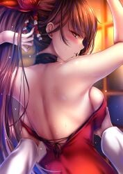 1boy akeyama_kitsune arms_up azur_lane back bare_shoulders blurry blush breasts brown_eyes brown_hair cg dress female from_behind grabbing grabbing_another's_breast groping hair_ornament large_breasts light_particles long_hair looking_at_viewer looking_back nape ponytail pov red_dress shoulder_blades solo_focus straight sweat upper_body very_long_hair zuikaku_(azur_lane)