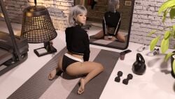 3d asian_female ass barefoot carpet dumbbell feet female female_only gray_hair gym_equipment indoors kneeling legs_apart looking_back original original_character sitting sitting_on_floor strawww tagme toes training worried worried_expression