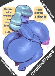 1girls bangs_over_eyes big_ass big_breasts big_lips blue_hair blue_skin dialogue fat female female_only gem_(species) long_hair looking_at_viewer nude pink_lipstick pov sapphire_(steven_universe) shortstack squirrel870916 steven_universe sweat sweaty sweaty_body