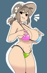 bikini black_eyes brown_cap brown_hair brown_hat brown_headwear cap deltarune deltarune_bikini gh0stec ghostec hands_on_breasts hat headwear_only looking_back navel ponytail shorts sign simple_background smile smirk standing temmie temmie_(deltarune) temmie_(undertale) temmie_chang temmie_chang_(character) thick_thighs undertale undertale_(series) white_outline wide_hips youtube youtube_avatar youtuber_girl