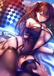 1boy akeyama_kitsune azur_lane bare_shoulders blush breasts brown_eyes brown_hair center_opening cg choker cleavage closed_mouth collarbone criss-cross_halter dress earrings female flag hand_on_another's_thigh jewelry large_breasts long_hair looking_at_viewer navel official_alternate_costume one_side_up race_queen skindentation solo_focus straight sweat thigh_grab thighhighs thighs very_long_hair wrist_cuffs zuikaku_(azur_lane) zuikaku_(the_wind's_true_name)_(azur_lane)