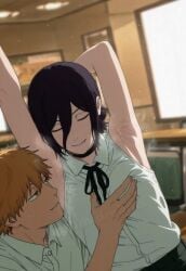 _yumidreams ai_generated arm_up armpit armpit_fetish armpit_peek armpits arms_up bangs bare_shoulders black_hair breast_grab chainsaw_man choker closed_eyes denji_(chainsaw_man) hair_bun light_particles reze_(chainsaw_man) sleeveless smell smelling_armpit smelling_armpits smelly_armpit smelly_armpits sweat sweaty sweaty_armpit