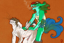 anal anthro brown_hair cigarette closed_eyes erection fangs foo_dog fur furry furry_only gauged_ear gay green_hair hair jake lagomorph long_hair male penis rabbit volvo