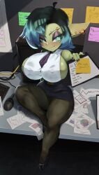 1girls absurd_res aqua_eyes big_breasts black_hair blue_hair blush breasts cranihum detailed_background ear_piercing earrings eyebrow_piercing eyebrow_ring eyeshadow female female_only goblin goblin_female green_skin grin grinning_at_viewer leora_(kibix1) looking_at_viewer narrowed_eyes necktie nipple_bulge office_lady pantyhose pointy_ears shortstack sideboob sitting sitting_on_table skirt sleeveless_shirt smiling smiling_at_viewer solo thick_thighs two-tone_hair voluptuous
