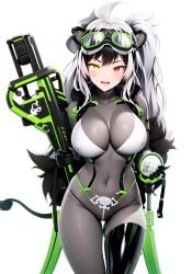 1girls absurdres ai_generated alternate_costume alternate_hair_color black_ears black_gloves black_hair black_tail black_thighhighs blush bodysuit breasts cleavage gloves goggles goggles_on_head grey_bodysuit heterochromia highres holding holding_gun holding_weapon indie_virtual_youtuber large_breasts lion lion_ears lion_girl lion_tail lioness long_hair looking_at_viewer multicolored_hair navel navel_visible_through_clothes nokutoka_momiji open_mouth red_eyes shiny shiny_gloves shiny_thighhighs single_thighhigh smile stable_diffusion tight_clothes tight_clothing virtual_youtuber vtuber weapon white_background white_hair yellow_eyes