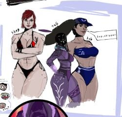 alien alien_girl ashley_williams ass beach bikini black_bikini black_hair blue_bikini bra breasts brown_skin cap commander_shepard femshep helmet human jane_shepard mass_effect purple_bikini purple_skin quarian red_hair red_lipstick smile summer sweat swimsuit tali'zorah_nar_rayya thick_ass thick_thighs thighs veil