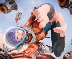 1girls 3d 3d_(artwork) astronaut astronaut_helmet blender blizzard_entertainment clothed clothing feet female female_focus female_only headwear helmet hi_res highres juno_(overwatch) leggings lewdrex light-skinned_female light_skin looking_at_viewer overwatch overwatch_2 purple_hair pussy pussy_lips pussy_peek ripped_clothing ripped_leggings ripped_pants shaved_crotch shaved_pussy showing_off smile smiling soles vagina watermark