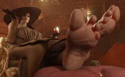 1boy 1girls 3d absurd_res alcina_dimitrescu black_hair black_toenails blender breasts candles capcom cigarette dominant_female feet feet_together feet_up female female_domination female_only femdom foot_fetish foot_focus foot_massage foot_slave foot_worship footwear fully_clothed fully_clothed_female giantess grey_body hi_res huge_breasts large_breasts large_feet larger_female legs legs_crossed lipstick long_nails mature_female meaty_soles nude older_female red_lipstick relaxing resident_evil resident_evil_8:_village shoes_removed short_hair smoking soles solo_female straight syclops taller_girl toes vein white_eyes white_skin wine wine_glass