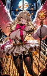 ai_generated bloody chain_halo corset dirty_blonde_hair edgy glowing_eyes gold_chain harpy harpy_girl harpy_magical_girl iris_the_starstruck large_breasts long_hair magical_girl miniskirt moon night oc original original_character pink_bow pixai ribbon_around_neck spikes_on_neck spiky_waist stardust_patterned_leggings starry_eyes villainess white_hair yandere