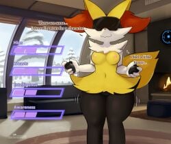 anthro areola biped black_body black_fur braixen breasts detailed_background dialogue female female_anthro fingers fur generation_6_pokemon genitals medium_breasts multicolored_body multicolored_fur nintendo nipples ozoneserpent pokemon pokemon_(species) red_body red_fur shadow smile solo standing tail teeth text vulva white_body white_fur yellow_areola yellow_body yellow_fur yellow_nipples yellow_tail