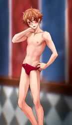 ace_trappola blushing blushing_at_viewer boy cum_through_clothes cum_through_underwear male male_only red_eyes red_hair solo solo_male standing sweating twisted_wonderland underwear