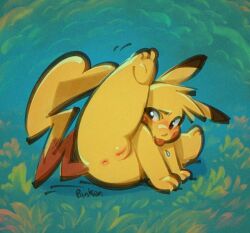 digital_media_(artwork) female fur generation_1_pokemon genitals humanoid_genitalia licking mammal nintendo nude panken pikachu pokemon pokemon_(species) raised_leg rodent self_lick simple_background solo solo_focus tongue tongue_out vulva yellow_body yellow_fur