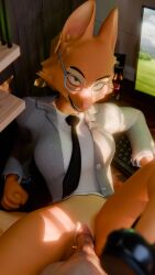 3d_(artwork) absurd_res anthro canid canine clothing diane_foxington digital_media_(artwork) dreamworks duo eye_contact eyewear female first_person_view footwear formal_wear fox from_front_position fur glasses green_eyes hi_res high_heels human looking_at_another looking_at_viewer lying male male/female mammal missionary_position mitas necktie office office_lady on_back orange_body orange_fur sex shoes the_bad_guys