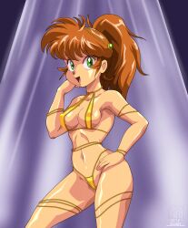 1girls atsuko_fukune belly_dancer belly_dancer_outfit brown_hair dancer dancer_outfit gold_jewelry gold_outfit green_eyes harem_girl harem_outfit large_breasts long_hair mugen_shinshi pepipopo ponytail