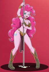 ai_generated cleavage crossover crossover_cosplay crossover_pairing cum_on_floor female hasbro my_little_pony my_little_pony_equestria_girls pink_hair pinkie_pie_(eg) pole_dancing slave_leia_(cosplay) solo_female star_wars stripper_pole