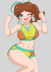 1girls alternate_costume alternate_hairstyle bare_shoulders blue_eyes breasts brown_hair covered_nipples earrings female flower_earrings large_breasts looking_at_viewer mario_(series) mario_kart mario_kart_world navel nintendo official_alternate_costume official_alternate_hairstyle one_eye_closed open_mouth ponytail princess_daisy princess_daisy_(swimwear) short_hair simple_background solo solo_female solo_focus swimsuit thick_thighs thighs visor visor_cap wink winking_at_viewer yawake