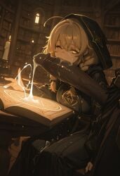 1boy 1girls ai_generated blowjob braided_hair casting casting_spell cock_worship cum dark-skinned_male eyes fellatio female glowing hood interracial large_penis library looking_at_viewer magic_circle male monica_everett one_eye_closed penis penis_awe robe self_upload silent_witch spell spellbook tagme wink witch