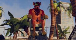 3d_(artwork) andromorph anthro balls beach blender_(artwork) blender_cycles body_hair clothing digital_media_(artwork) duo feet flaccid foot_fetish fur genitals green_body green_fur haplorhine hat hat_only headgear headgear_only headwear headwear_only hi_res humanoid_genitalia humanoid_penis hyena intersex intersex/male lifeguard male mammal monkey mostly_nude musclegut muscular muscular_anthro muscular_male orange_body orange_fur paws penis primate public public_nudity red_body red_fur rindo sitting spirit(paw) spiritpaw