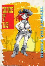 2019 boots bottomless bottomless_female cowboy_hat cowgirl cowgirl_outfit desert desert_background huge_breasts monica_villarreal paul_taylor red_hair red_hair_female redhair redhead redhead_female sharp_teeth smile solo solo_female solo_focus sun sunset teeth teeth_visible topless topless_female wapsi_square webcomic webcomic_character