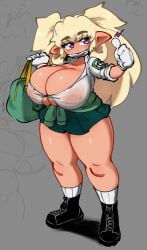 bag blonde_hair breasts cleavage clothes_around_waist collared_shirt covered_erect_nipples dark_elf dark_elven_forest_ranger elf female grey_background highres huge_breasts jacket jacket_around_waist jellot last_origin long_hair pleated_skirt pointy_ears purple_eyes shirt shoes short_sleeves shoulder_bag skirt socks solo thick_thighs thighs thumbs_up two_side_up