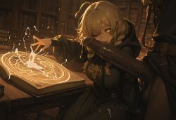 1boy 1girls ai_generated blowjob book bookshelf braid braided_hair casting casting_spell cock_worship cum dark-skinned_male eyes fellatio female glowing hood indoors interracial large_breasts large_penis library licking licking_penis long_hair long_penis looking_at_viewer magic magic_circle magical_girl male monica_everett one_eye_closed oral oral_sex penis penis_awe robe runes self_upload silent_witch sitting spell spellbook table tagme wink witch yellow_eyes