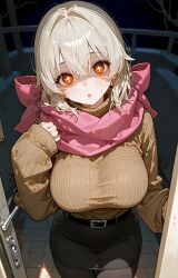 ai_generated amber_eyes belt black_latex_skirt black_legwear burlap_shirt dirty_blonde_hair fluffy_hair in_doorway iris_the_starstruck large_breasts looking_at_viewer magical_girl magical_girl_normal_form night oc original original_character pink_bow pixai ribbon_around_neck short_hair starry_eyes subtle_yandere sweater yandere