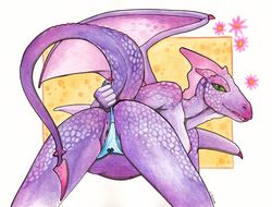 2010 all_fours anthro anus breasts calolily dinosaur dragon dragoness female furry panties panties_on_side plump_labia presenting purple pussy raised_tail sideboob solo tail topless underwear