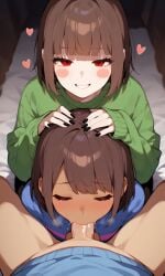2girls ai_generated assisted_fellatio balls black_nails chara closed_eyes fellatio forced forced_fellatio forced_oral frisk male penis pov pushing_down pushing_head_down red_eyes short_hair sleeves_past_wrists sweater threesome undertale