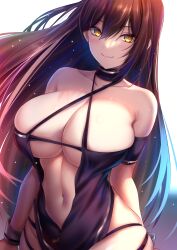 akeyama_kitsune azur_lane bare_shoulders blush breasts brown_hair center_opening cg choker cleavage closed_mouth collarbone criss-cross_halter female hair_between_eyes halterneck huge_breasts large_breasts long_hair looking_at_viewer navel official_alternate_costume race_queen revealing_clothes smile solo very_long_hair wrist_cuffs yellow_eyes zuikaku_(azur_lane) zuikaku_(the_wind's_true_name)_(azur_lane)