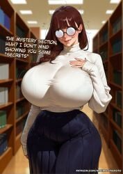 1girls ai_generated brown_hair enormous_breasts gigantic_breasts glasses huge_breasts library mnemosynekoto slim_waist text thick_thighs