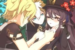 1girls 2boys 3d aether_(genshin_impact) animated blue_eyes blush brown_hair forest genshin_impact gorou_(genshin_impact) grabbing_breasts hand_on_chest hand_on_shoulder hat holding_breast hu_tao_(genshin_impact) hugging_from_behind mmf_threesome moaning no_sound orange_hair outdoors partially_nude petite pleasure_face red_eyes sansonnsfw showing_breasts small_breasts smile squeezing_breast tagme threesome touching_breast twintails video yellow_hair