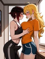 ai_generated angry_face boner breast_grab drunk forcing futanari incest intersex ruby_rose rwby trying_to_kiss yang_xiao_long