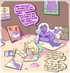 1futa 1girls all_fours amethyst_(steven_universe) blightstar blonde_hair bottomless_female breasts chubby condom cum cum_on_breasts cumshot dialogue english_text female filled_condom futa_penetrating_female futanari gem_(species) gem_on_chest holding_object human intersex kissing_penis mating_press narrowed_eyes one_eye_half-closed paint_can paintbrush painting painting_(object) paizuri penetration penis penis_silhouette purple_body pussy smile smiling_at_partner speech_bubble standing steven_universe tagme text vaginal_penetration vaginal_sex vidalia_(steven_universe)
